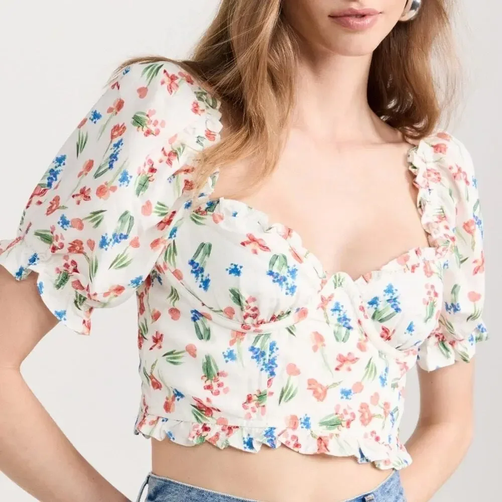 ASTR the Label Feronia White Floral Puff Sleeves Corset With Boning Crop Top M